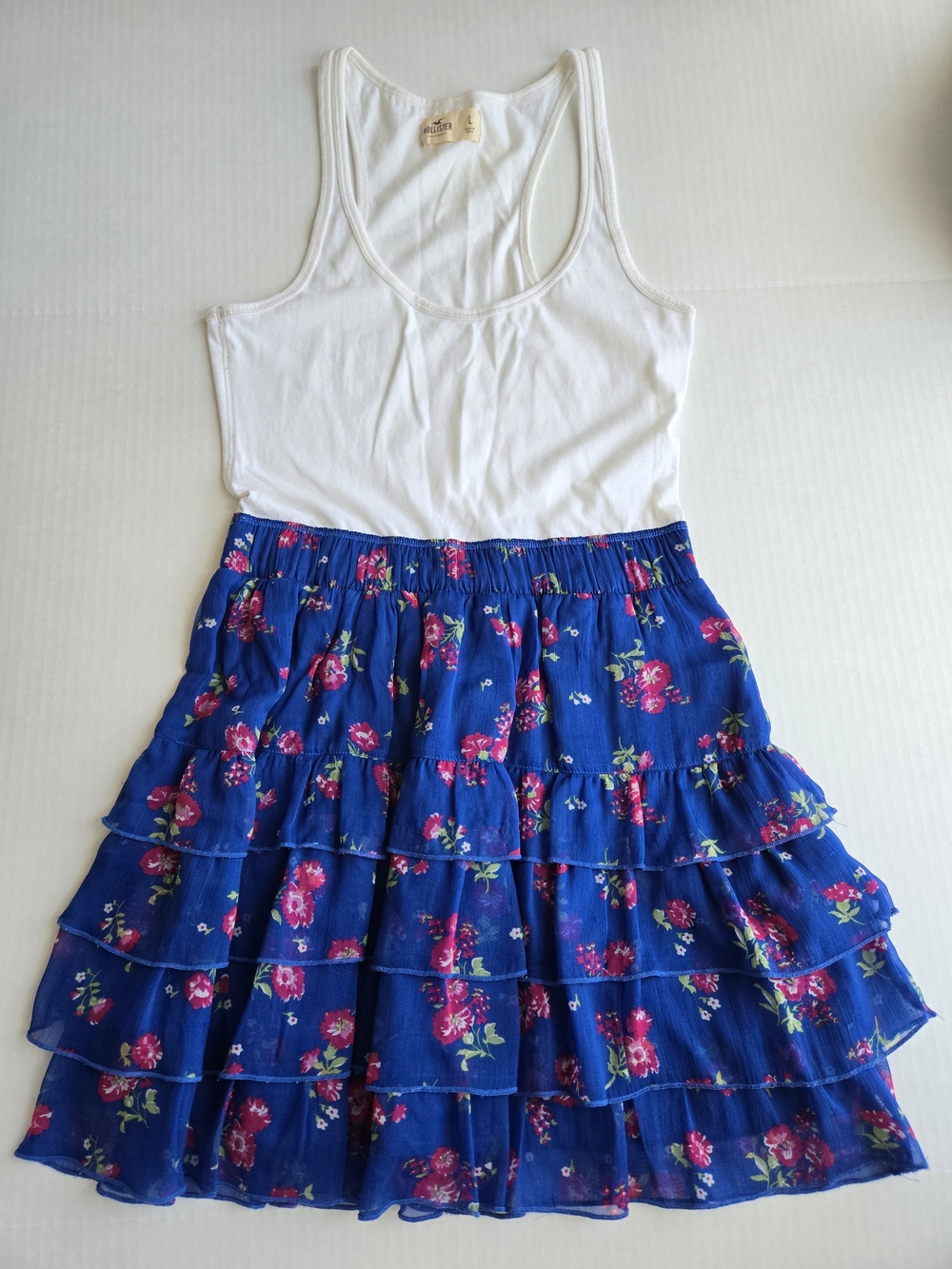 Hollister White Tank Dress With Blue Floral Ruffle Skirt - Size L